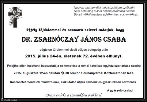 dr. Zsarnczay Jnos Csaba llatorvos gyszjelentse