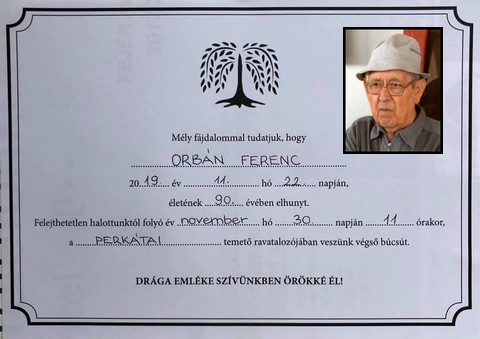 Orbn Ferenc Perkta gyszjelents
